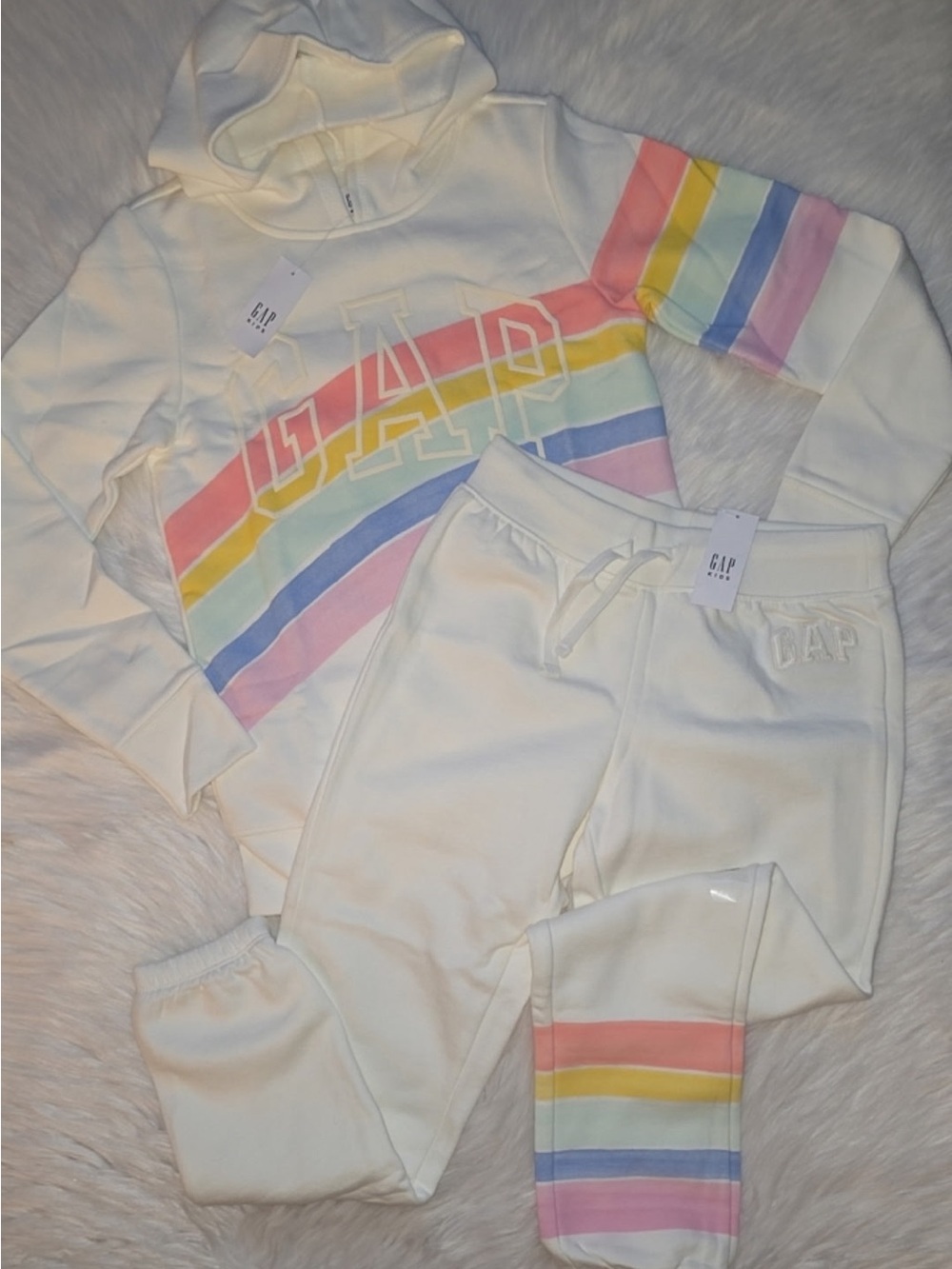 GAP Cream Hoodie and Jogger Set with Pastel Rainbow Stripes